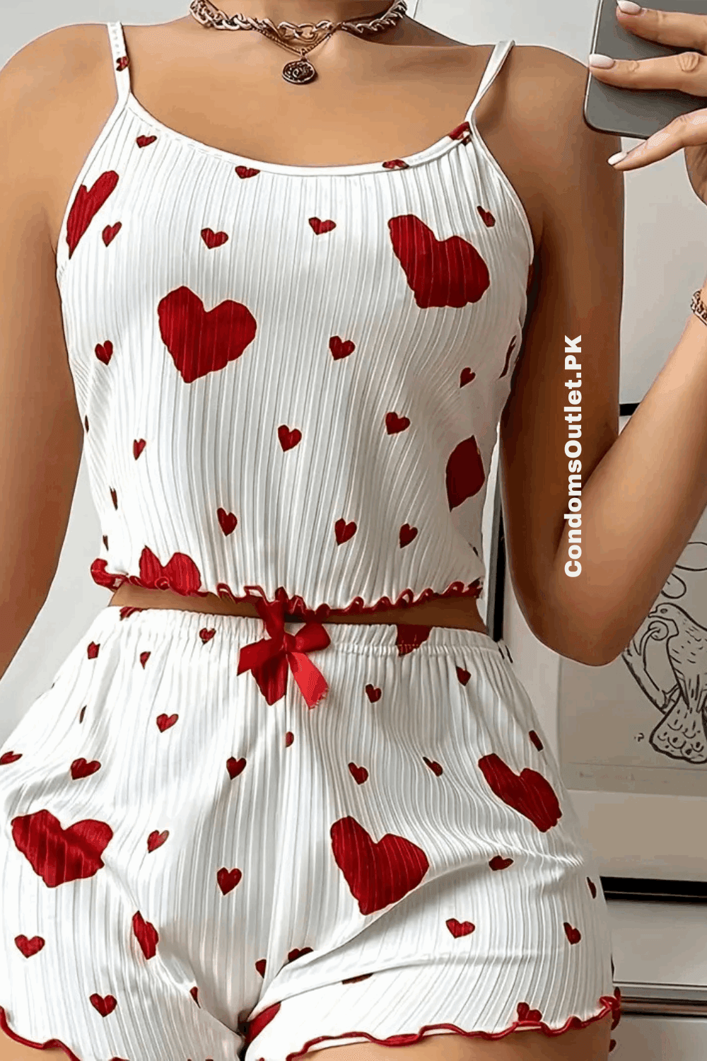 Cute Love Print Pajama Set - Women's Suspenders & Shorts - CondomsOutlet.Pk