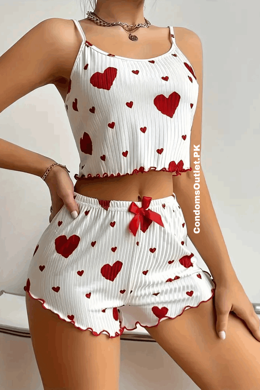 Cute Love Print Pajama Set - Women's Suspenders & Shorts - CondomsOutlet.Pk