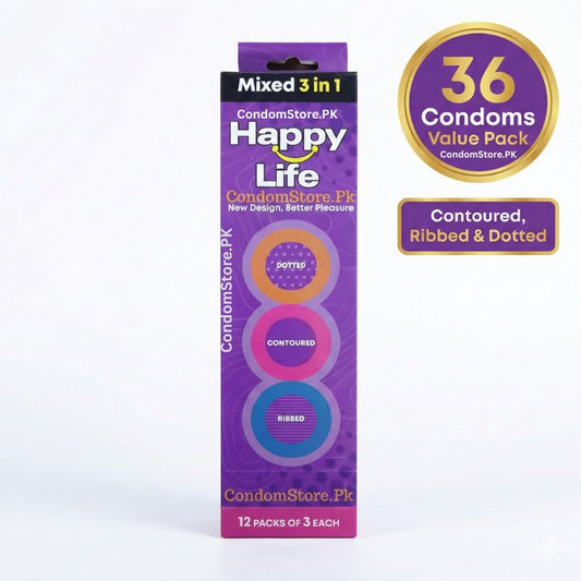 Happy Life 3-in-1 Condoms - Ribbed, Dotted & Contoured - 36 Condoms Value Pack