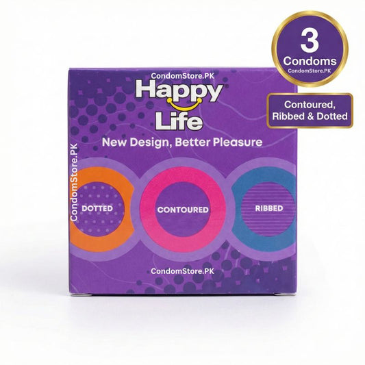 Happy Life 3-in-1 Condoms (3 Pack) - Ribbed, Dotted & Contoured