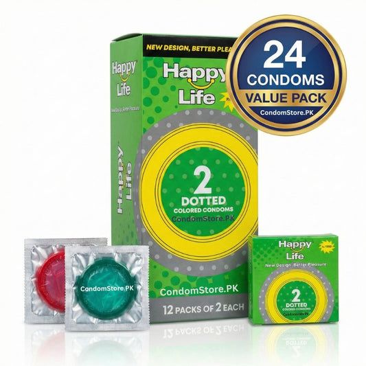 Happy Life condom packaging with 24 condoms value pack on a white background