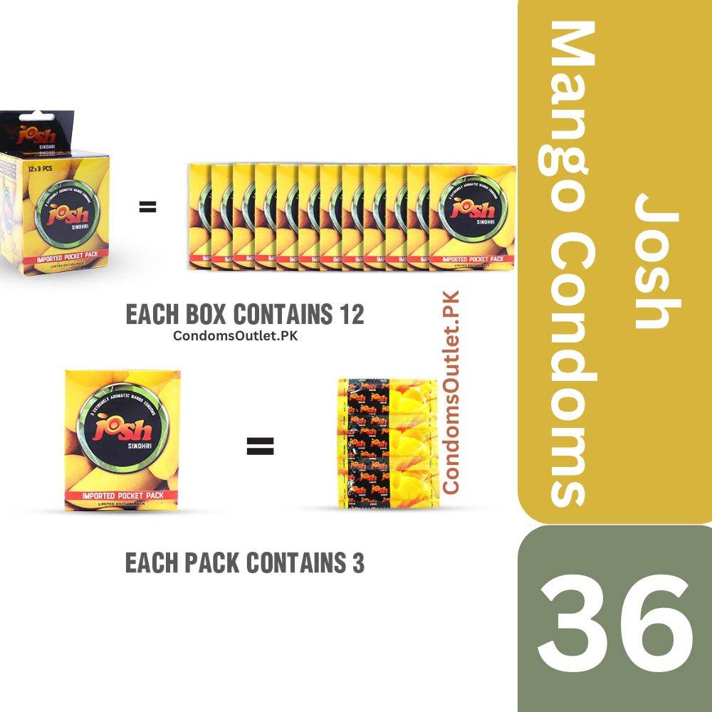 Josh Mango Condoms (36 Pack) – Exotic Mango Flavor – Bulk Pack | CondomsOutlet.Pk