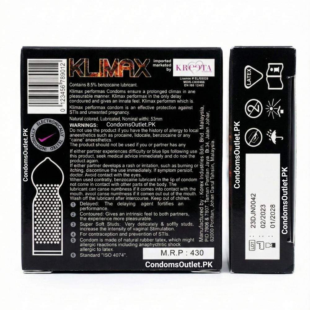 Klimax Performax Condoms (2 Pack) – Extra Long Delay & Contoured Fit - Back Side