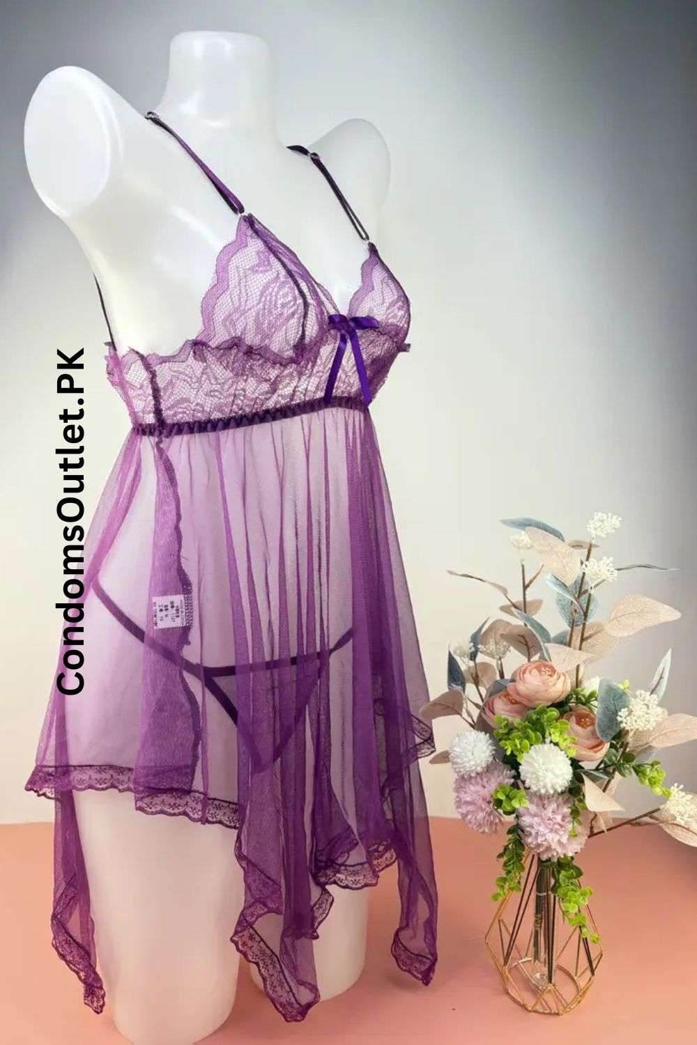 Sexy Lace V-Neck Mesh Babydoll Lingerie Set – Bowknot Detail, Roleplay & Festival Wear - CondomsOutlet.Pk