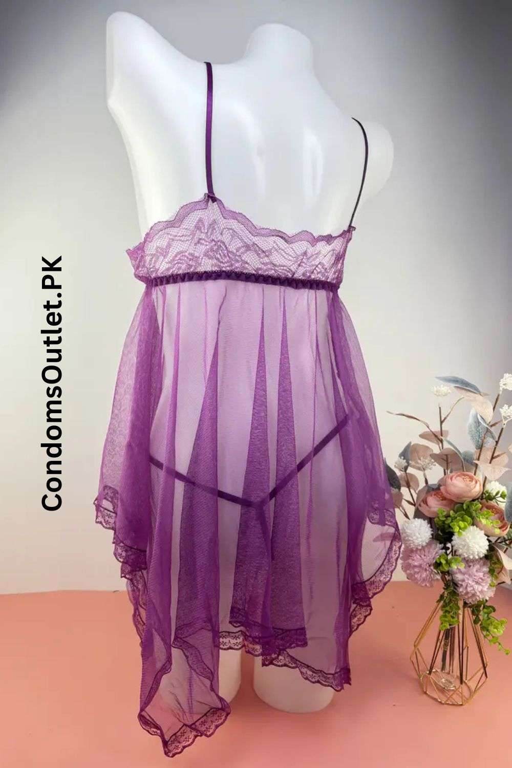 Sexy Lace V-Neck Mesh Babydoll Lingerie Set – Bowknot Detail, Roleplay & Festival Wear - CondomsOutlet.Pk