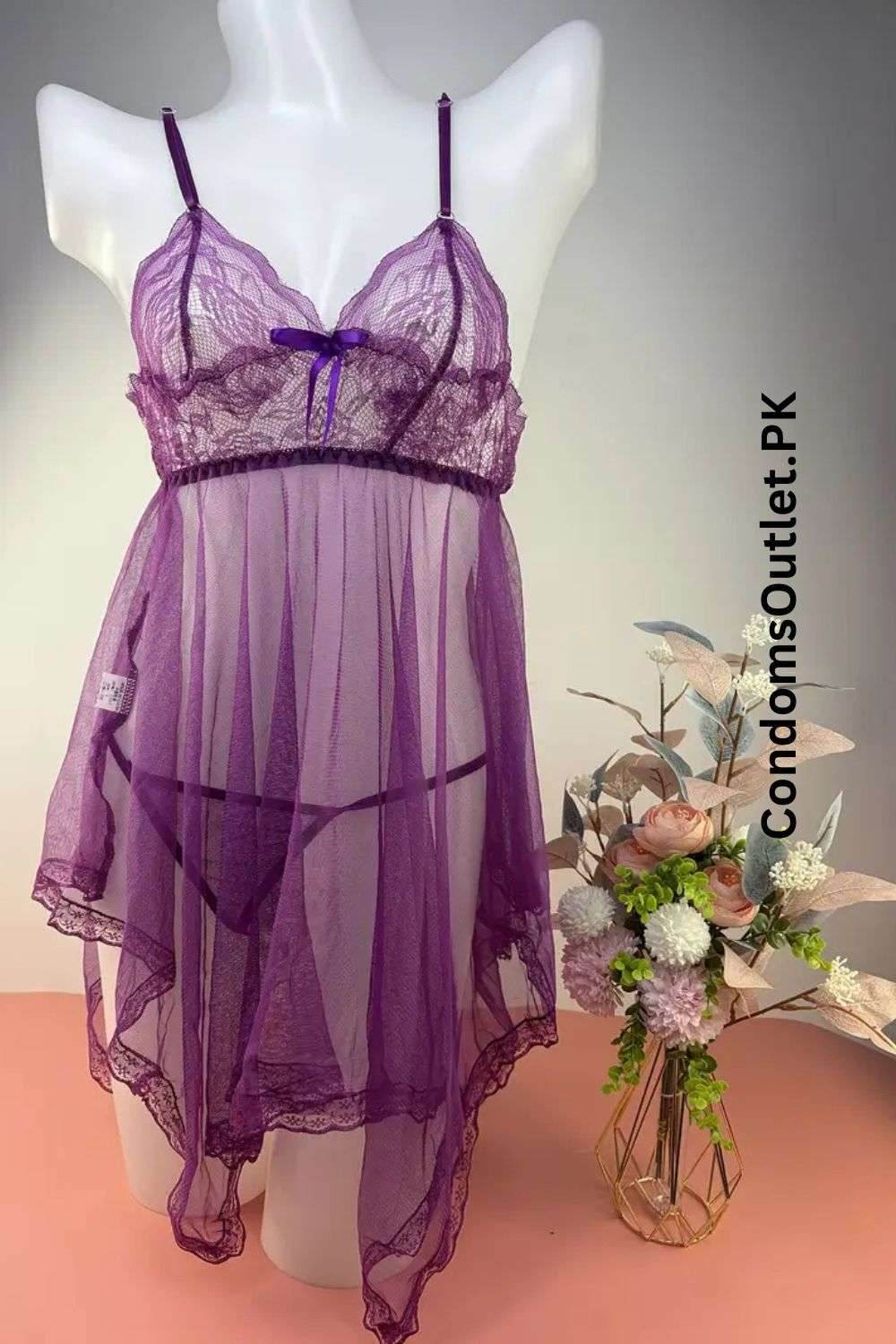 Sexy Lace V-Neck Mesh Babydoll Lingerie Set – Bowknot Detail, Roleplay & Festival Wear - CondomsOutlet.Pk