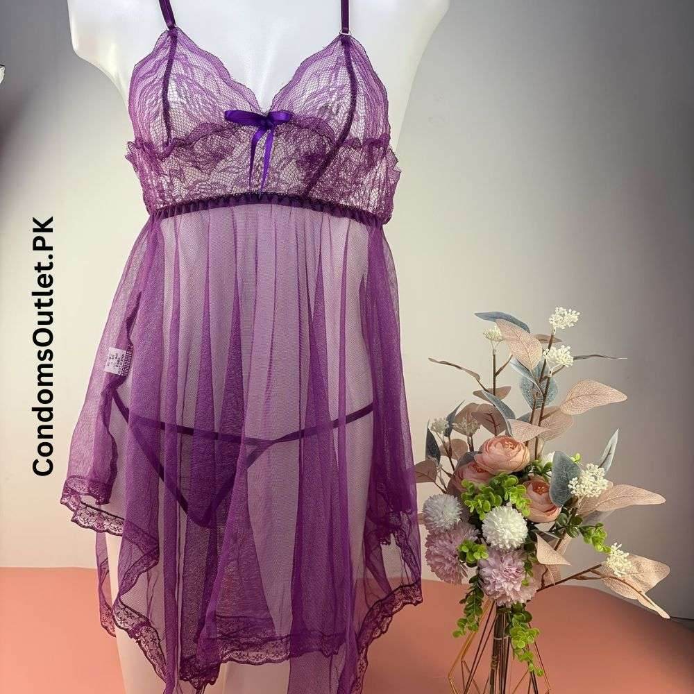 Sexy Lace V-Neck Mesh Babydoll Lingerie Set – Bowknot Detail - CondomsOutlet.Pk