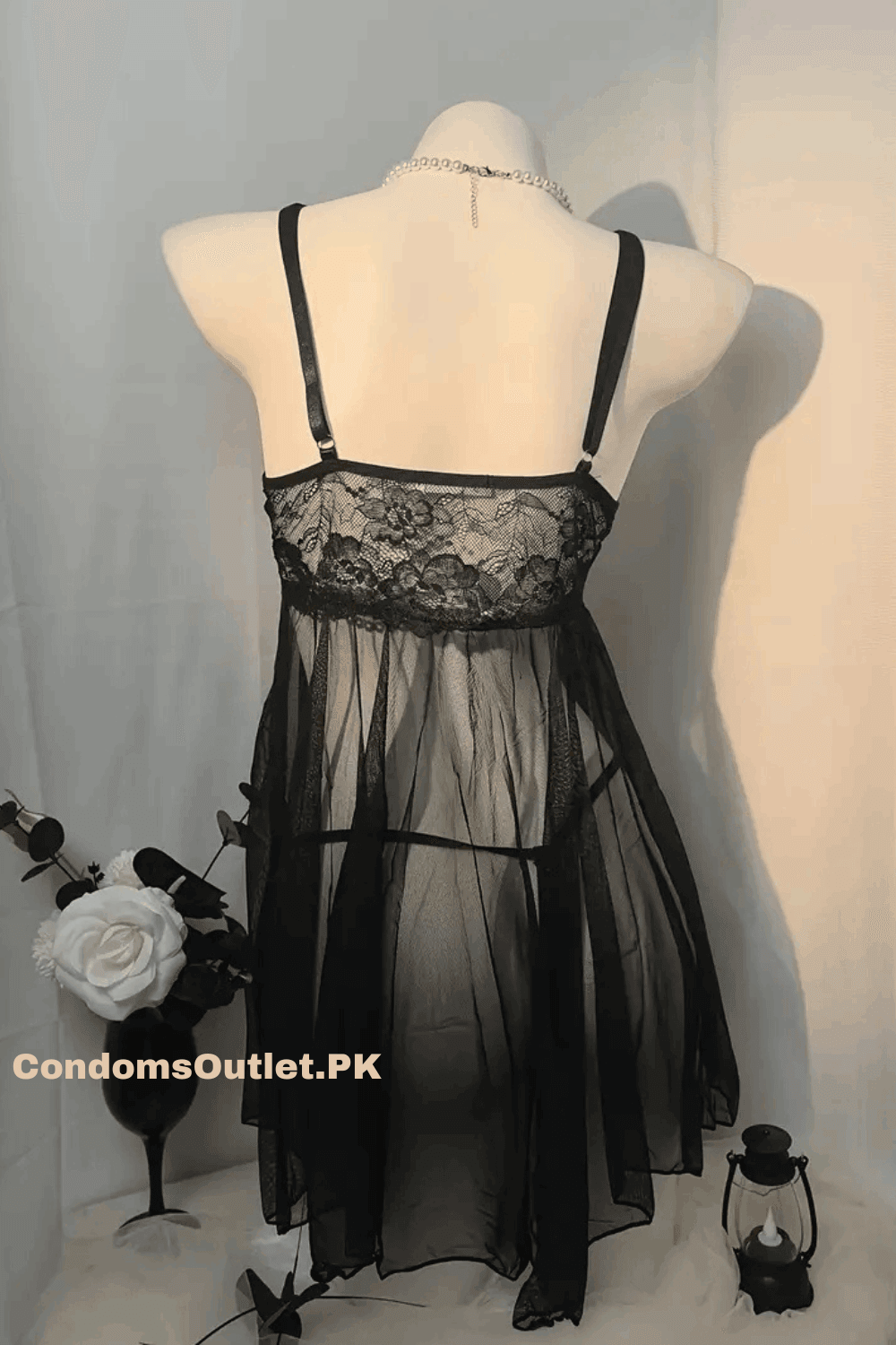 Sheer Lace-Trim Babydoll Lingerie Set - Women's Mesh Slip & Thong - CondomsOutlet.Pk