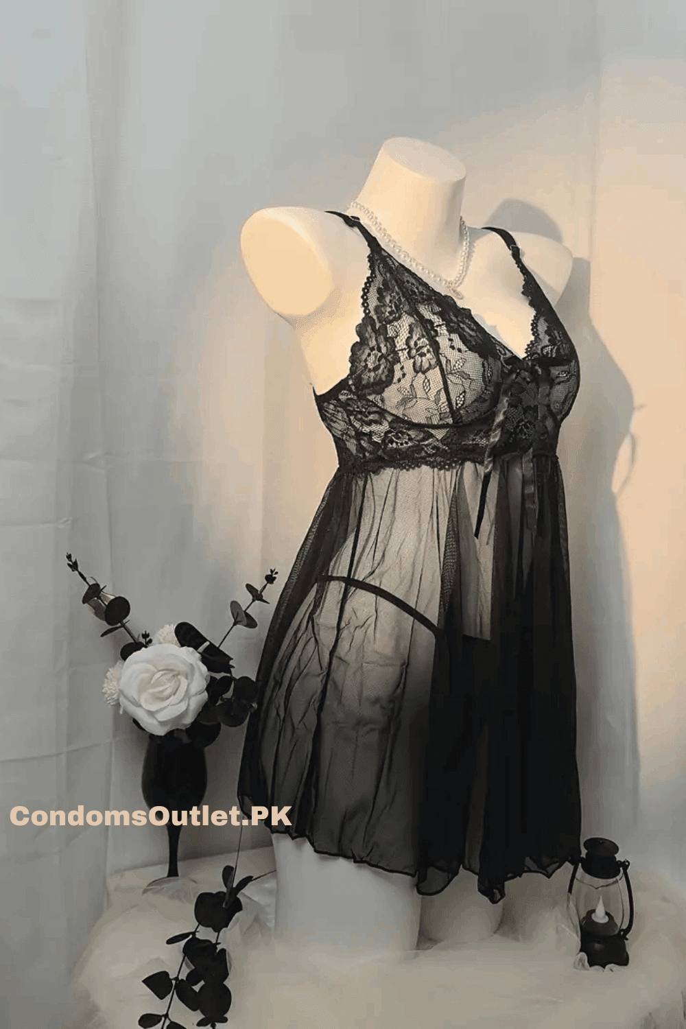 Sheer Lace-Trim Babydoll Lingerie Set - Women's Mesh Slip & Thong - CondomsOutlet.Pk