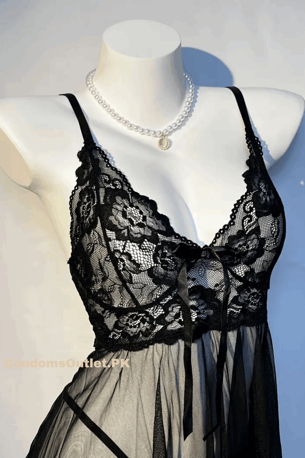 Sheer Lace-Trim Babydoll Lingerie Set - Women's Mesh Slip & Thong - CondomsOutlet.Pk
