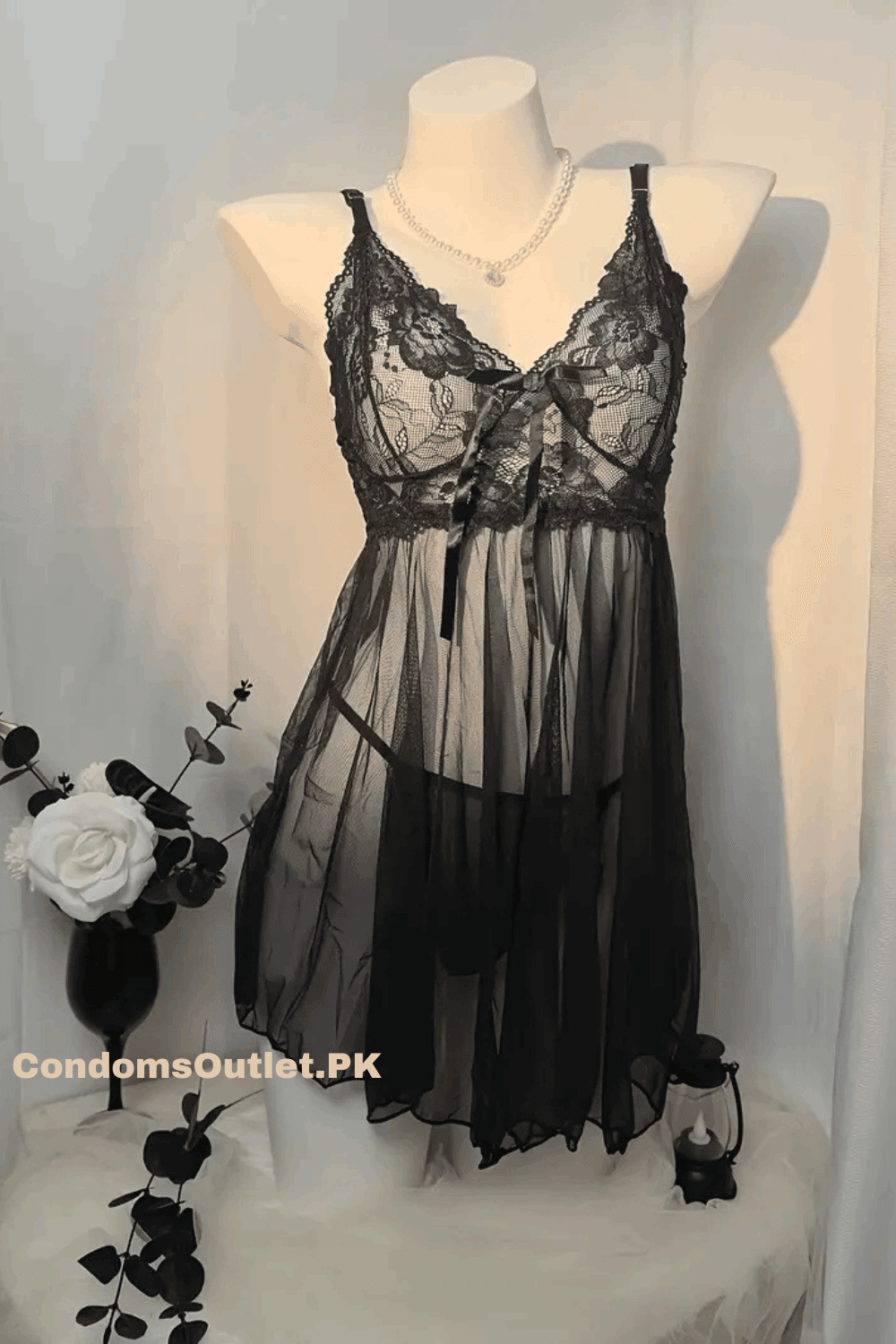 Sheer Lace-Trim Babydoll Lingerie Set – Women's Mesh Slip & Thong