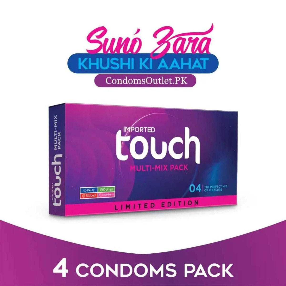 Touch Multi Mix Condoms (4 Pack) – Ribbed, Dotted, Delay & Strawberry