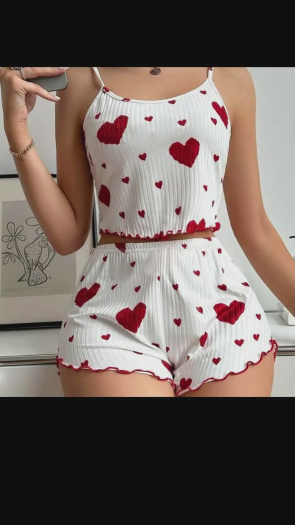 Cute Love Print Pajama Set – Women's Heart Print Suspenders & Shorts