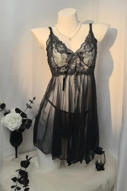 Babydoll Lingerie Set with Matching Thong, Sheer Lace-Trim