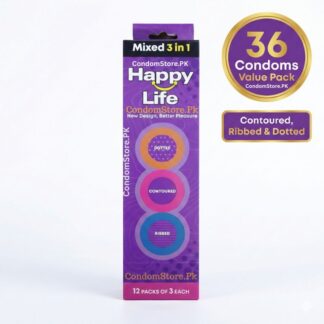 Happy Life 3-in-1 Condoms (36 Pack) - Ribbed, Dotted & Contoured